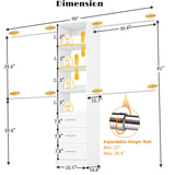 Closet System with Drawers, 5FT-8FT Custom Closet Organizer System 99" Walk in Wood Closet Storage System with 4 Expandable Hanging Rods Wall Mount White Dilando