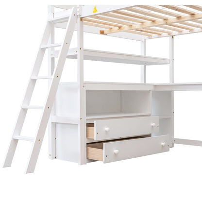 Full Loft Bed with Desk and Storage Drawers by Harper & Bright Designs - Solid Wood Frame in White for Kids, Teens, and Adults - WoodArtSupply