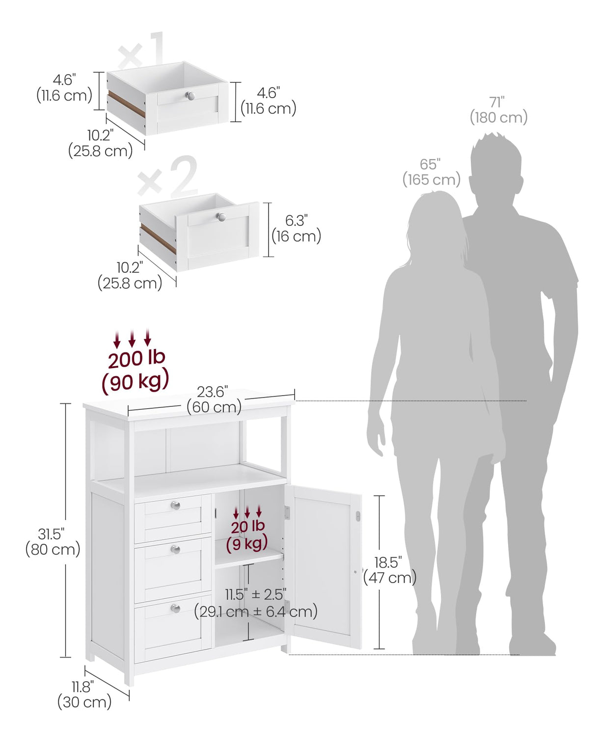 VASAGLE Floor Storage Cabinet, Freestanding Storage Unit with 3 Drawers, Adjustable Shelf, 11.8 x 23.6 x 31.5 Inches, for Living Room, Bathroom, Entryway, White UBBC542P31V1 VASAGLE