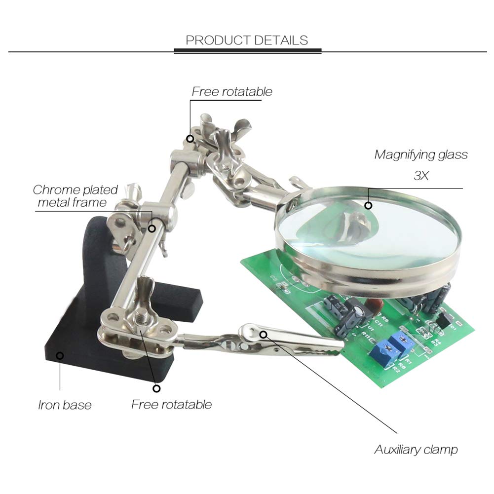 Helping Hands Magnifier Stand with Dual Alligator Clips Adjustable – FEITA 5X Magnifying Glass Perfect for Soldering, Crafting, Hobby, Micro Objects FEITA