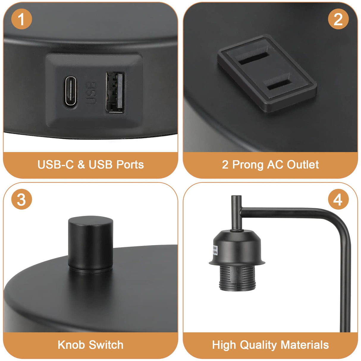 Industrial Bedside Table Lamp for Bedroom - Nightstand Lamps with USB C Charging Port, Fully Dimmable Black Ports and Outlets, Small Desk Glass Shade Office Living Room Innqoo