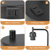Industrial Bedside Table Lamp for Bedroom - Nightstand Lamps with USB C Charging Port, Fully Dimmable Black Ports and Outlets, Small Desk Glass Shade Office Living Room Innqoo