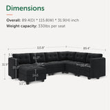 HONBAY Modular Sectional Sofa Oversized U Shaped Couch with Storage Seat Velvet 7-Seat Modular Sofa with Reversible Chaises,Velvet Black HONBAY