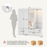 XVD Armoire Wardrobe Closet with Mirror & Sensor Light, Bedroom Armoire with 5 Doors & 2 Drawers, Modern Wooden Large Wardrobe Closet with Shelves, 4 Hooks, 2 Hanging Roods, Open Space, White XVD
