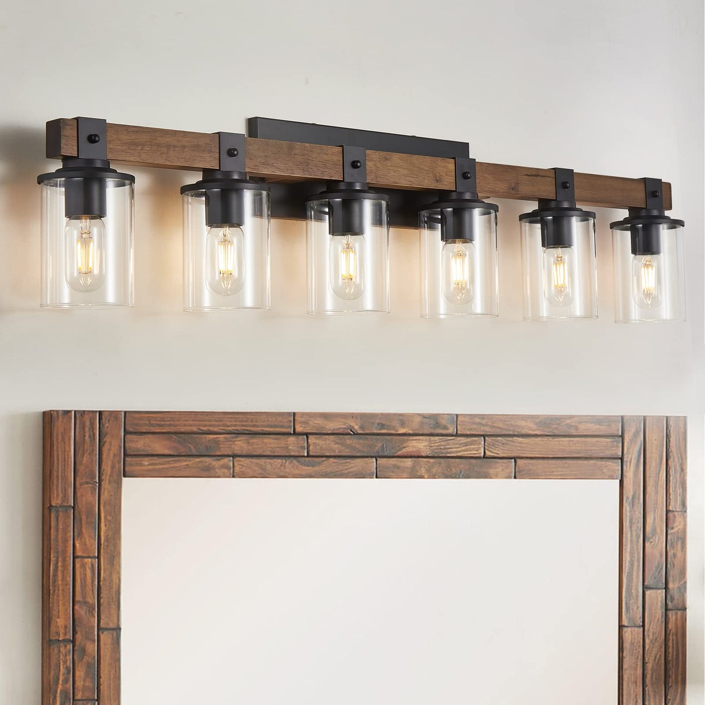 DADUL 6-Light Bathroom Vanity Light, Farmhouse Bathroom Light Fixtures Over Mirror, Classic Wood Vanity with Clear Glass Shade, Black Wall Sconce for Bathroom, Bedroom - WoodArtSupply