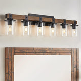 DADUL 6-Light Bathroom Vanity Light, Farmhouse Bathroom Light Fixtures Over Mirror, Classic Wood Vanity with Clear Glass Shade, Black Wall Sconce for Bathroom, Bedroom DADUL