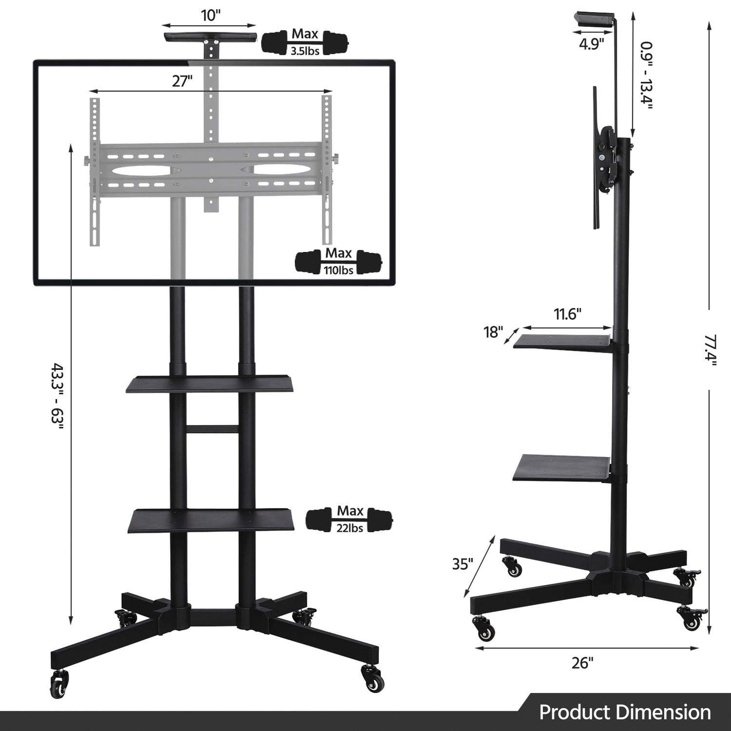 Yaheetech Mobile TV Stand, Adjustable Rolling TV Cart w/ Locking Wheels for 32-75" LCD LED Plasma Flat Panel Screen TV up to 110LB, Portable TV Cart Stand w/ Flexible Laptop Shelf, Max. VESA 600x400