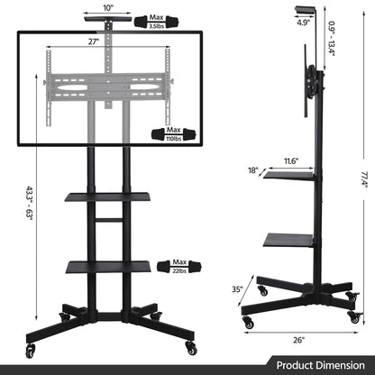 Yaheetech Mobile TV Stand, Adjustable Rolling TV Cart w/ Locking Wheels for 32-75" LCD LED Plasma Flat Panel Screen TV up to 110LB, Portable TV Cart Stand w/ Flexible Laptop Shelf, Max. VESA 600x400