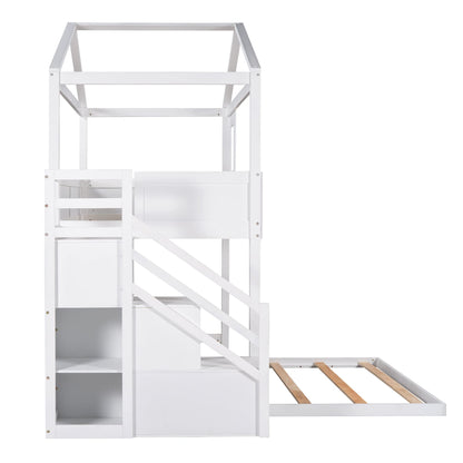 Twin Over Full House Bunk Bed with Storage Staircase & Blackboard, Wood Kids Bunk Bed with Roof and Guardrails, Playhouse Bunk Beds for Kids, Teens, Adults, No Box Spring Required (White)