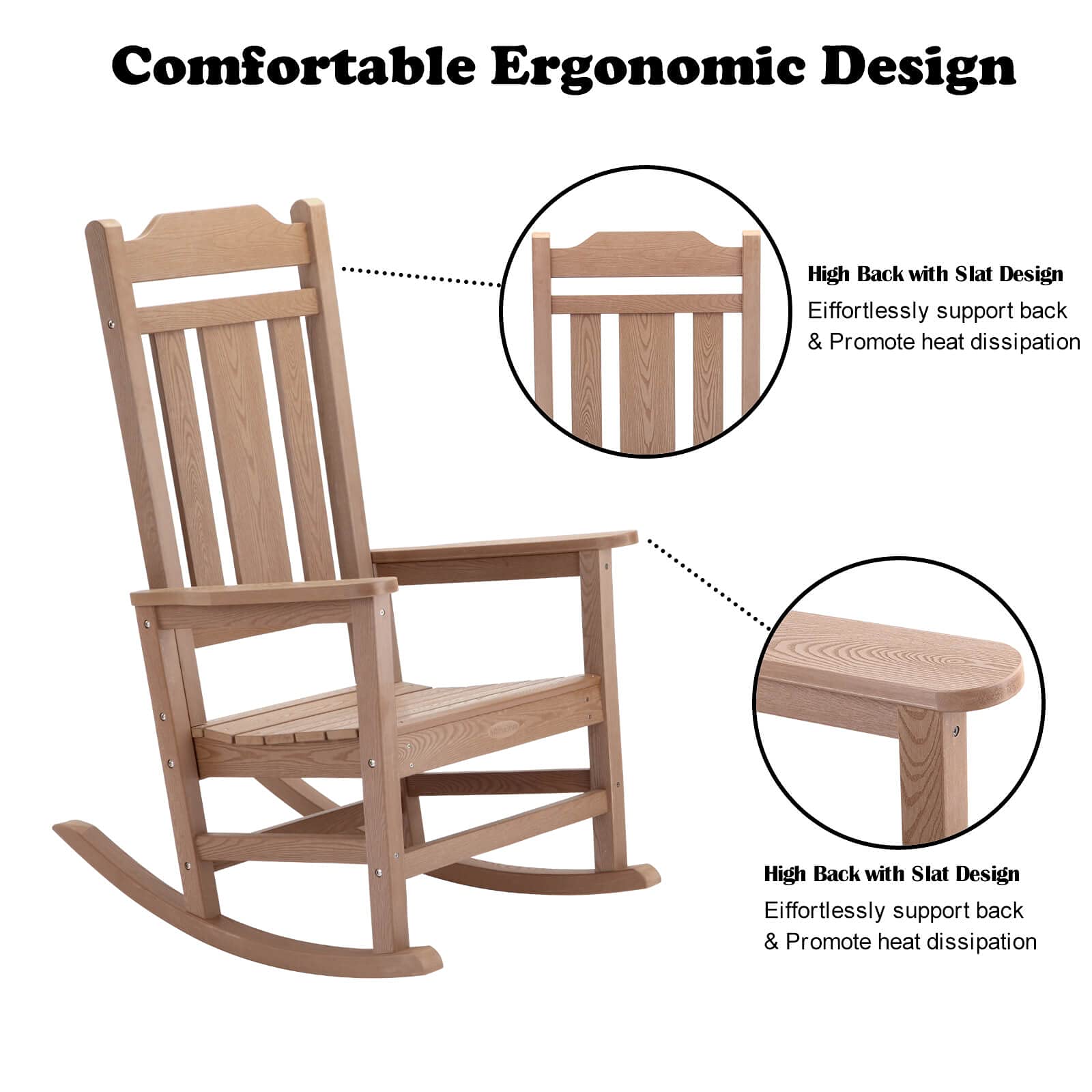 hOmeHua Patio Rocking Chair, All Weather Resistant Outdoor Indoor Fade-Resistant Patio Rocker Chair，Stable Durable Smooth Rocking, Comfortable Easy to Maintain - Wood Color - WoodArtSupply