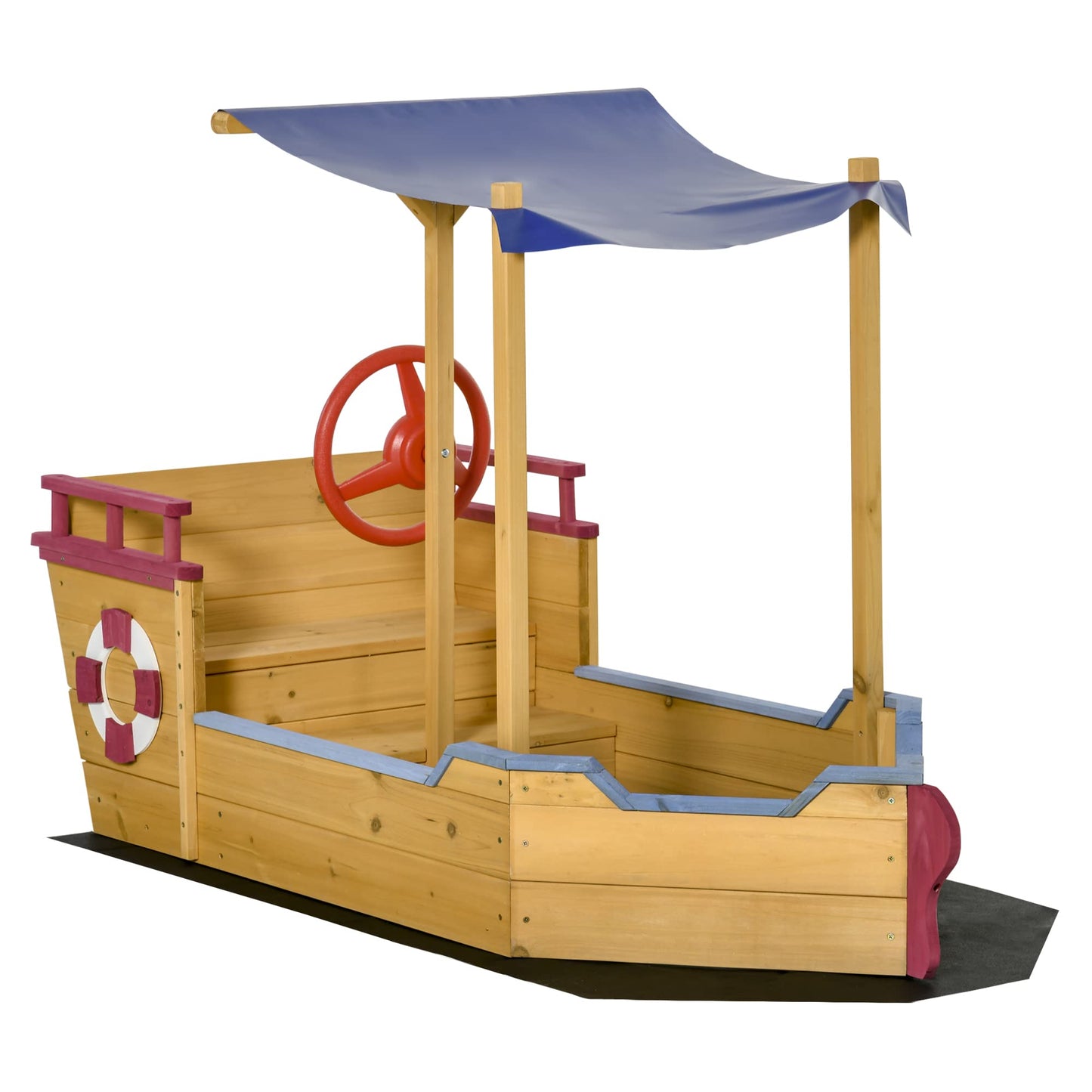 Outsunny Pirate Ship Sandbox with Cover and Rudder, Wooden Sandbox with Storage Bench and Seat, Outdoor Toy for Kids Ages 3-8 Years Old