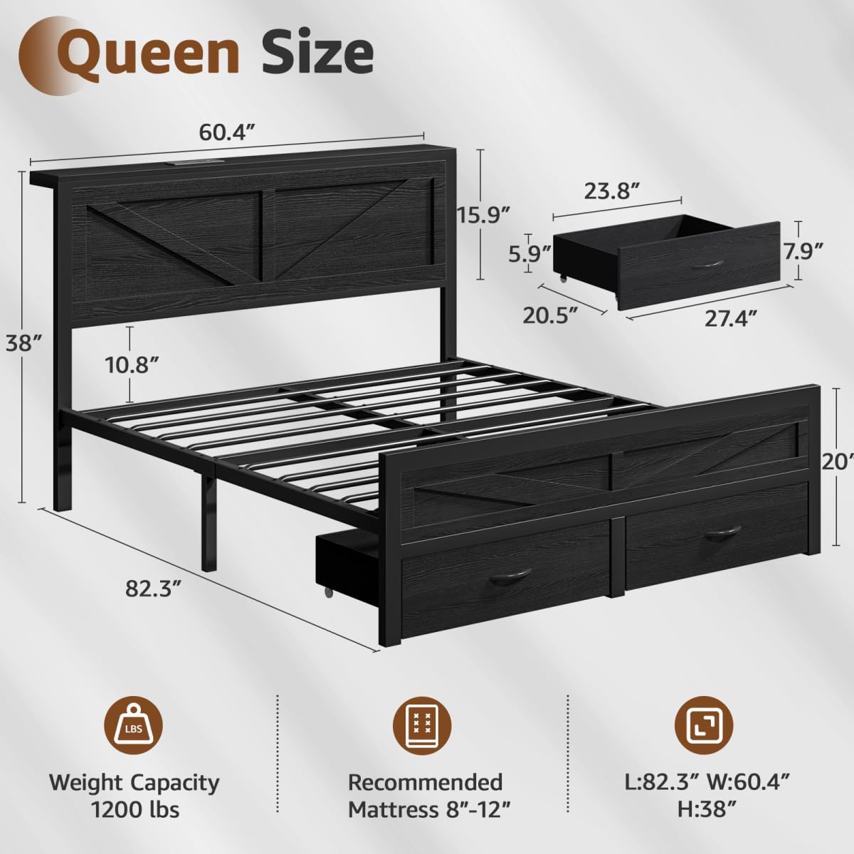 Siihnon Rustic Queen Bed Frame with Storage Drawers and Barn Door Headboard, Farmhouse LED Bed Frame Queen Size with Charging Station, Metal Industrial Platform Bed Frames, No Box Spring Needed, Black Siihnon