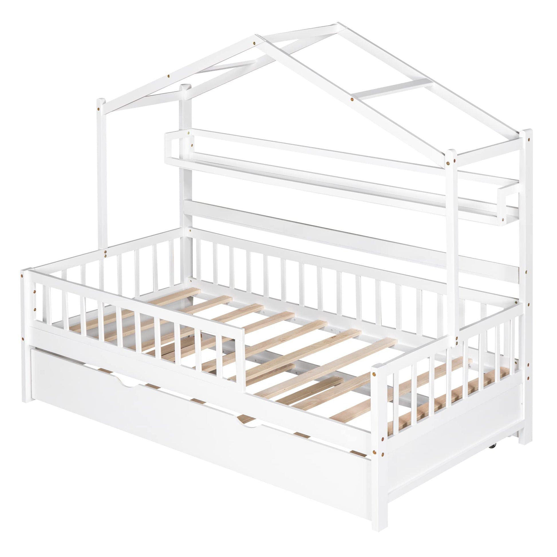 Bellemave Twin Size House Bed with Trundle and Storage Shelves for Kids - White Montessori Playhouse Frame - WoodArtSupply