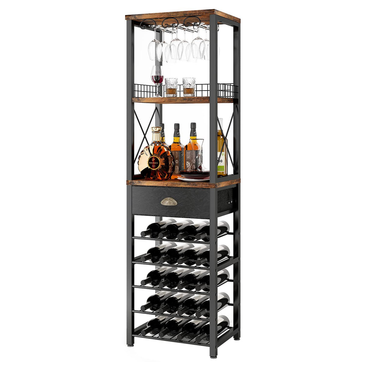 Homeiju Wine Rack Freestanding Floor, Bar Cabinet for Liquor and Glasses, 4-Tier bar Cabinet with Tabletop, Glass Holder, Storage Drawer and Wine Storage for Home Bar(Patent No.D1009580) Homeiju