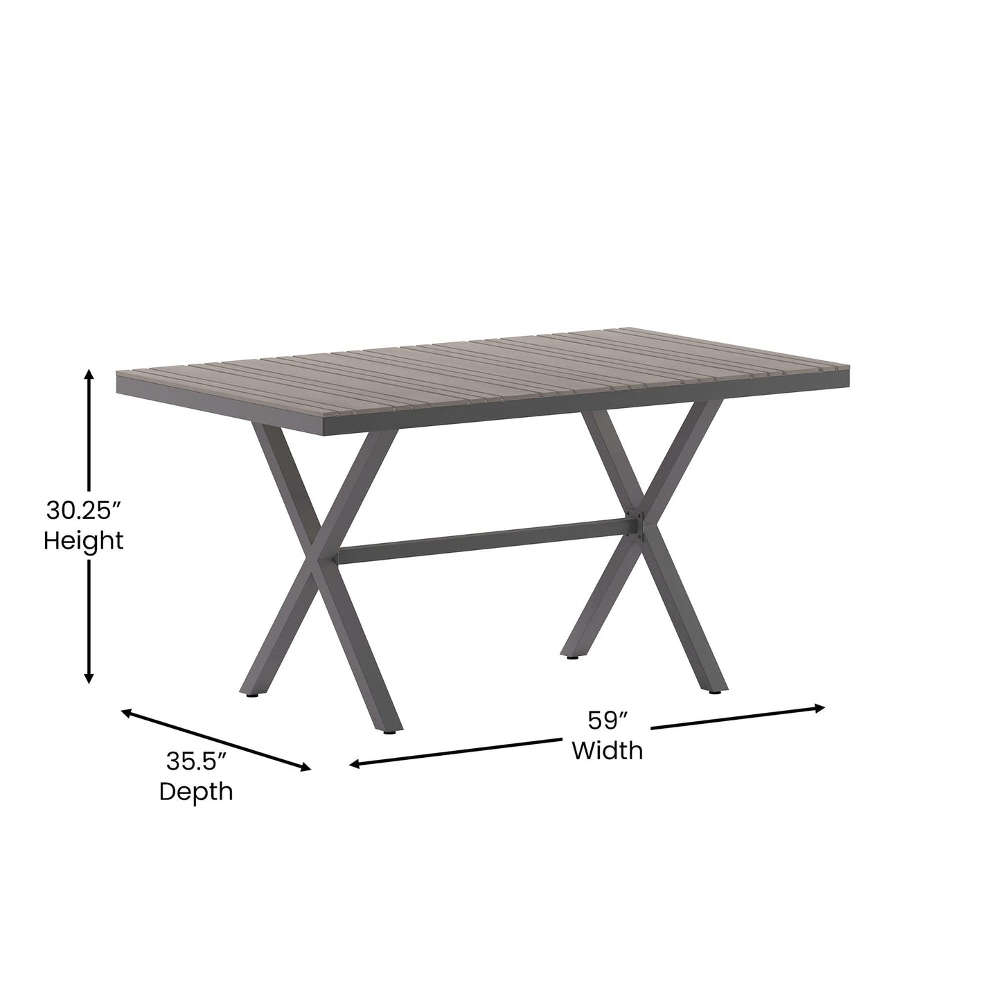 Flash Furniture Finch Commercial Grade X-Frame Outdoor Dining Table 59" x 35.5" with Faux Teak Poly Slats and Metal Frame, Gray/Gray - WoodArtSupply