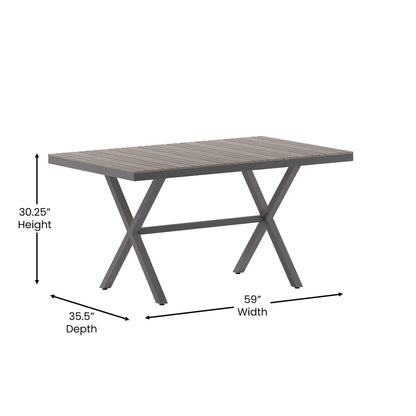 Flash Furniture Finch Commercial Grade X-Frame Outdoor Dining Table 59" x 35.5" with Faux Teak Poly Slats and Metal Frame, Gray/Gray - WoodArtSupply