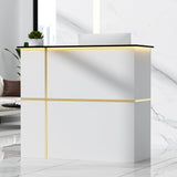 OUTGUAVA Modern Front Desk & Reception Desk with LED Lighting, 50-inch Retail Counter with Power Socket, DIY Stripe for Checkout, Lobby, Salon, Offices - White OUTGUAVA