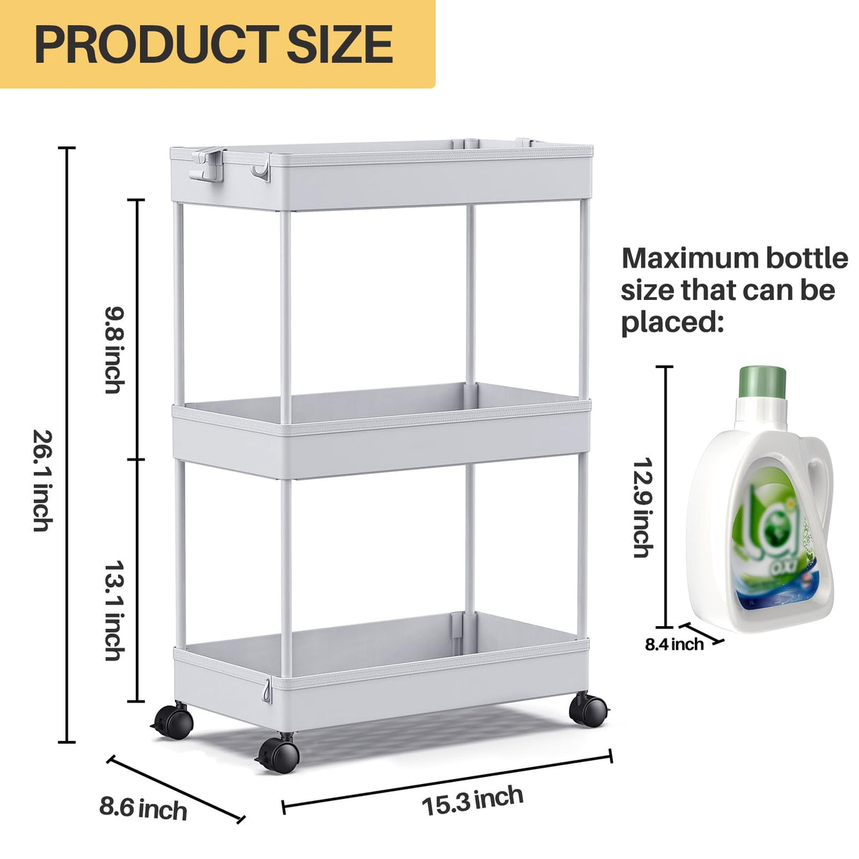 SPACEKEEPER Rolling Storage Cart 3 Tier Bathroom Cart Organizers with Wheels Laundry Room Organization Mobile Shelving Unit Utility Cart Storage Shelves Multi-Functional for Office, Home, Gray SPACEKEEPER