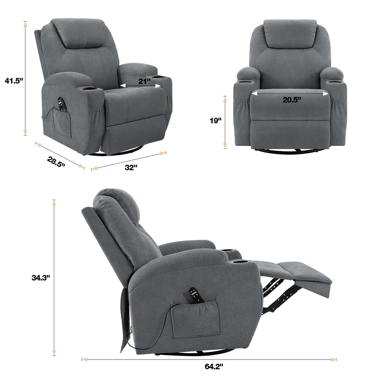 Flamaker Rocking Chair Recliner Chair with Massage Swivel Ergonomic Lounge Chair Classic Single Sofa with 2 Cup Holders Side Pockets Living Room Chair Home Theater Seat (Gray) Flamaker