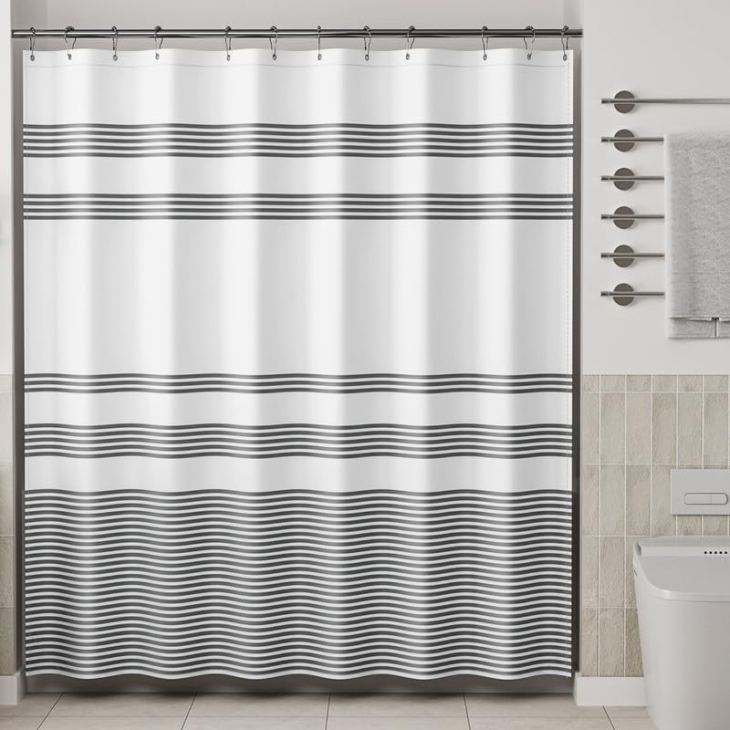 AmazerBath Shower Curtain, Washable Cloth Black Shower Curtain Sets with 12 Shower Curtain Hooks, Fabric Rustic Black and White Striped Shower Curtain, Farmhouse Bathroom Shower Curtain, 72x72 Inches AmazerBath