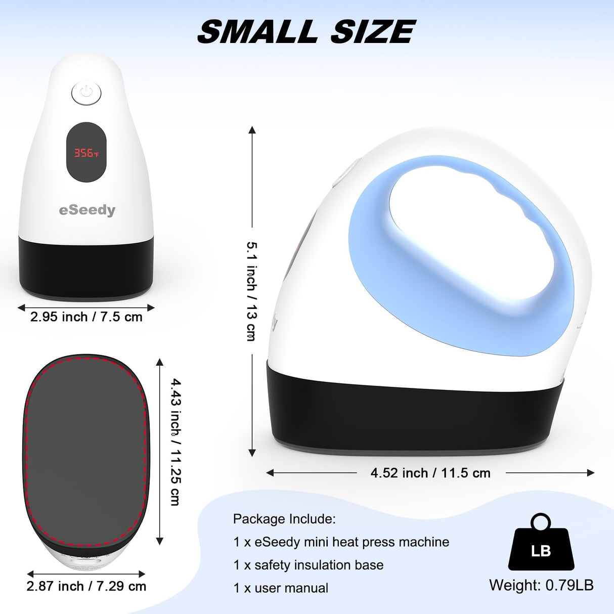 eSeedy Mini Heat Press Machine, 3 Heat Settings& Fast Heating, 15 Mins Auto-Off, Insulated Safety Base, Mini Iron for Crafting, T Shirts, Hats, Heating Transfer Projects(White Blue) eSeedy