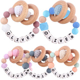 Personalized Baby Rattle Ring with Name,Custom Silicone Bracelet Rings Stroller for New Baby Newborn Shower Gift (Wooden Rings) Verxcty