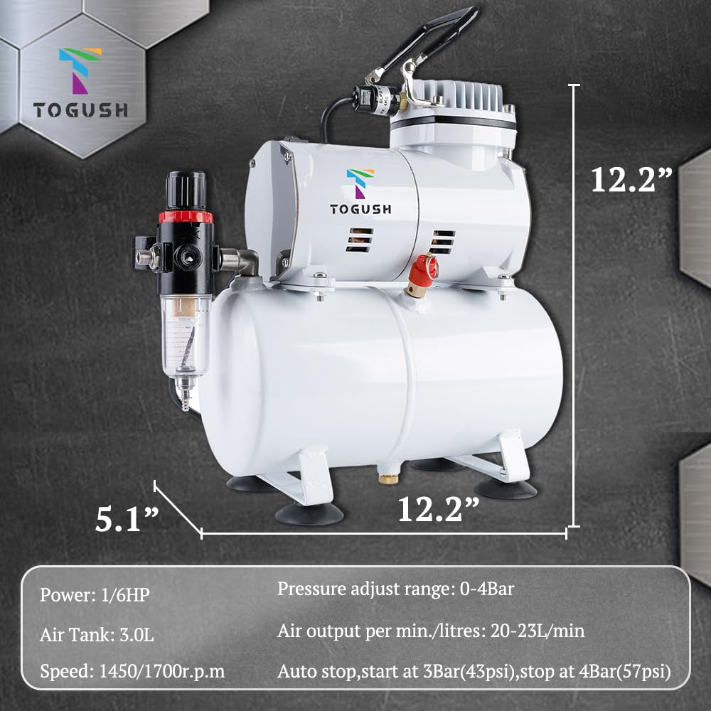 T TOGUSH Airbrush Kit with Air Tank Compressor 2 Dual-Action Gravity Airbrush with 0.2mm 0.3mm 0.5mm Nozzle Air Compressor with Airbrush Coloring Tool Cleaning Brush for Model Paint Hobby Craft T TOGUSH