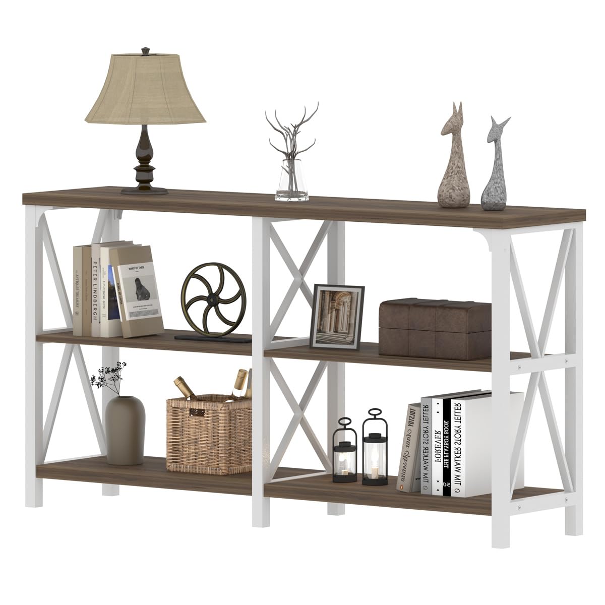 IBF Farmhouse Entryway Table, Wood TV Console Table, Long Rustic Metal Sofa Table, Industrial Hallway Table with Storage Shelves, Modern Foyer Tables for Front Entry Way, White and Rustic Oak, 55 in IBF