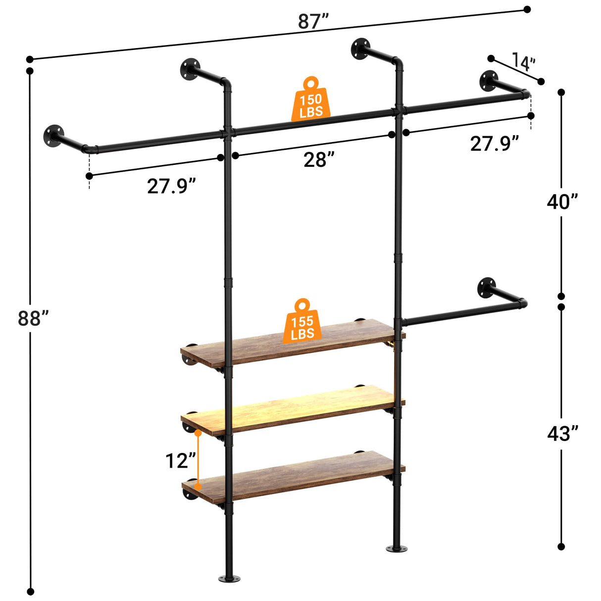 Cyclysio Industrial Pipe Clothing Rack, Reversible 7.25FT Wall Mounted Clothes Rack, Heavy Duty Garment Racks Closet Wardrobe with LED Lights& Shelves, Walk-in Closet System, Brown Cyclysio