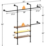 Cyclysio Industrial Pipe Clothing Rack, Reversible 7.25FT Wall Mounted Clothes Rack, Heavy Duty Garment Racks Closet Wardrobe with LED Lights& Shelves, Walk-in Closet System, Brown Cyclysio
