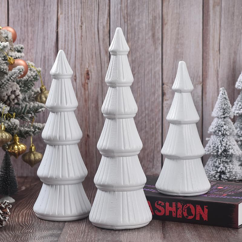 Wooden Christmas Tree, Set of 3 Tabletop Tree Figurine Wood Desk Centerpieces Table Tree Decoration Festive Ornament for Accents Xmas Mantel Shelf Home Decor Holiday Party Indoor Outdoor (White)