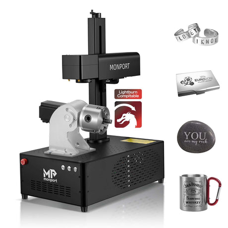 MONPORT GP 30W Fiber Laser Engraver LightBurn Compatible with Rotary Axis and 5.9" x5.9" Working Area with Electric Lifting 360° Marking Etching for Metal,Tag,Plastic,Jewelry... Monport