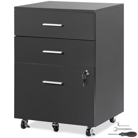 VEVOR File Cabinet, 3-Drawer Wood Filing Cabinet, Locking Office Cabinet for Letter/A4 Size, File Cabinet with 5 Wheels for Home Office, Black VEVOR