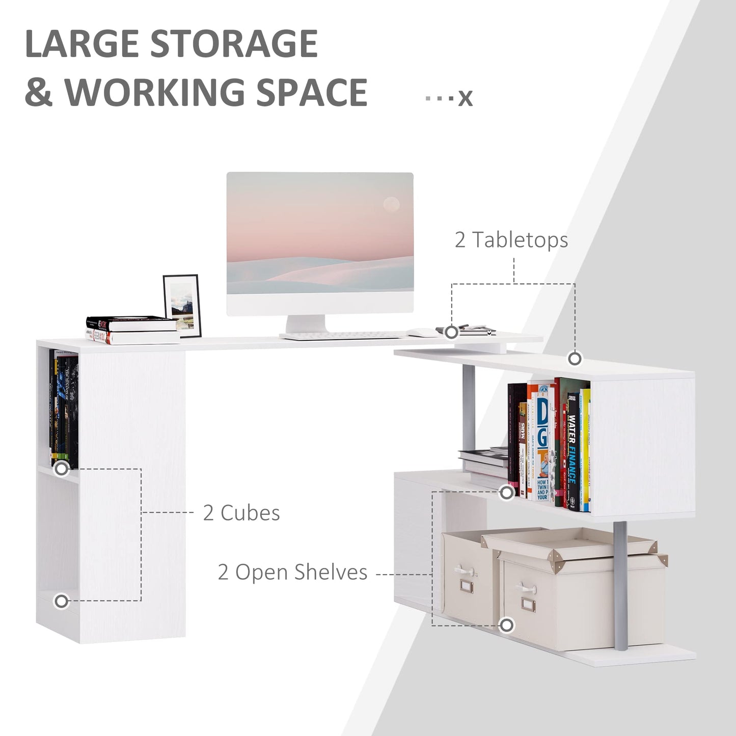 HOMCOM 55" Rotating L-Shaped Corner Desk with 3-Tier Storage Shelves in White - WoodArtSupply