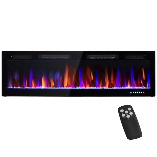 HOMCOM 60" Electric Fireplace Recessed and Wall Mounted with Remote, 750W/ 1500W Ultra-Thin Fireplace Heater and Linear Fireplace with Timer, Adjustable Flame Effect, Crystal, Black