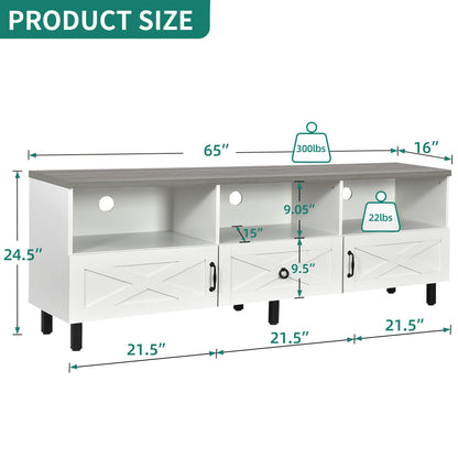 YITAHOME Mid-Century Modern TV Stand for 75/70/65 inch, Boho Wood TV Table Farmhouse Media Console with Storage Cabinet and Open Shelves for Living Room, Bedroom, 65 inch, White/Grey