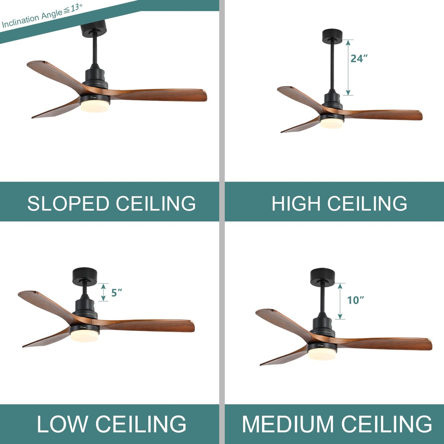 Sofucor 52 Inch Ceiling Fans with Lights and Remote Control, 3 Down Rods Outdoor Ceiling Fan with Light, Dimmable LED Light, Noiseless Motor & 3 Reversible Wood Blades