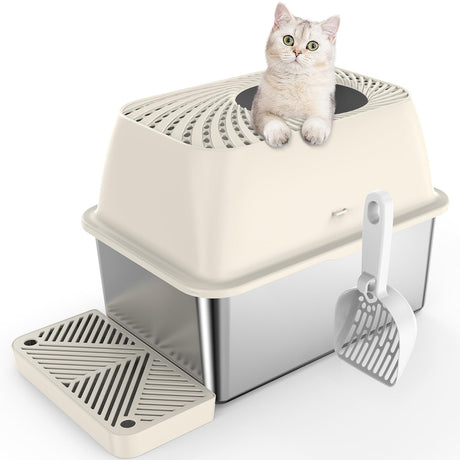 8" Deep Stainless Steel Litter Box with Lid, Top Entry Cat Litter Box for Dog-Proof, Covered Litter Pan with Filter Footboard & Scoop, Odor Control, Anti-Leakage, Non-Sticky, Easy Cleaning (Ivory) suzzipaws