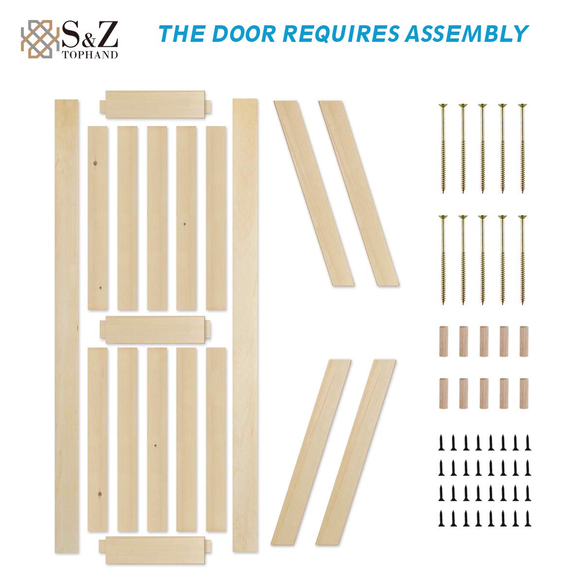 S&Z TOPHAND 34 in. x 84 in. Unfinished British Brace Knotty Barn Door with 6.6FT Sliding Door Hardware Kit/Solid Wood/Unfinished British Brace Barn - WoodArtSupply