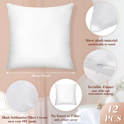 Remagr 12 Pack Sublimation Pillow Cases Bulk 18 x 18 Inch White Blank Cushion Covers DIY Heat Transfer Pillow Covers Short Plush with Invisible Zipper Decorative Polyester Throw Pillow Covers