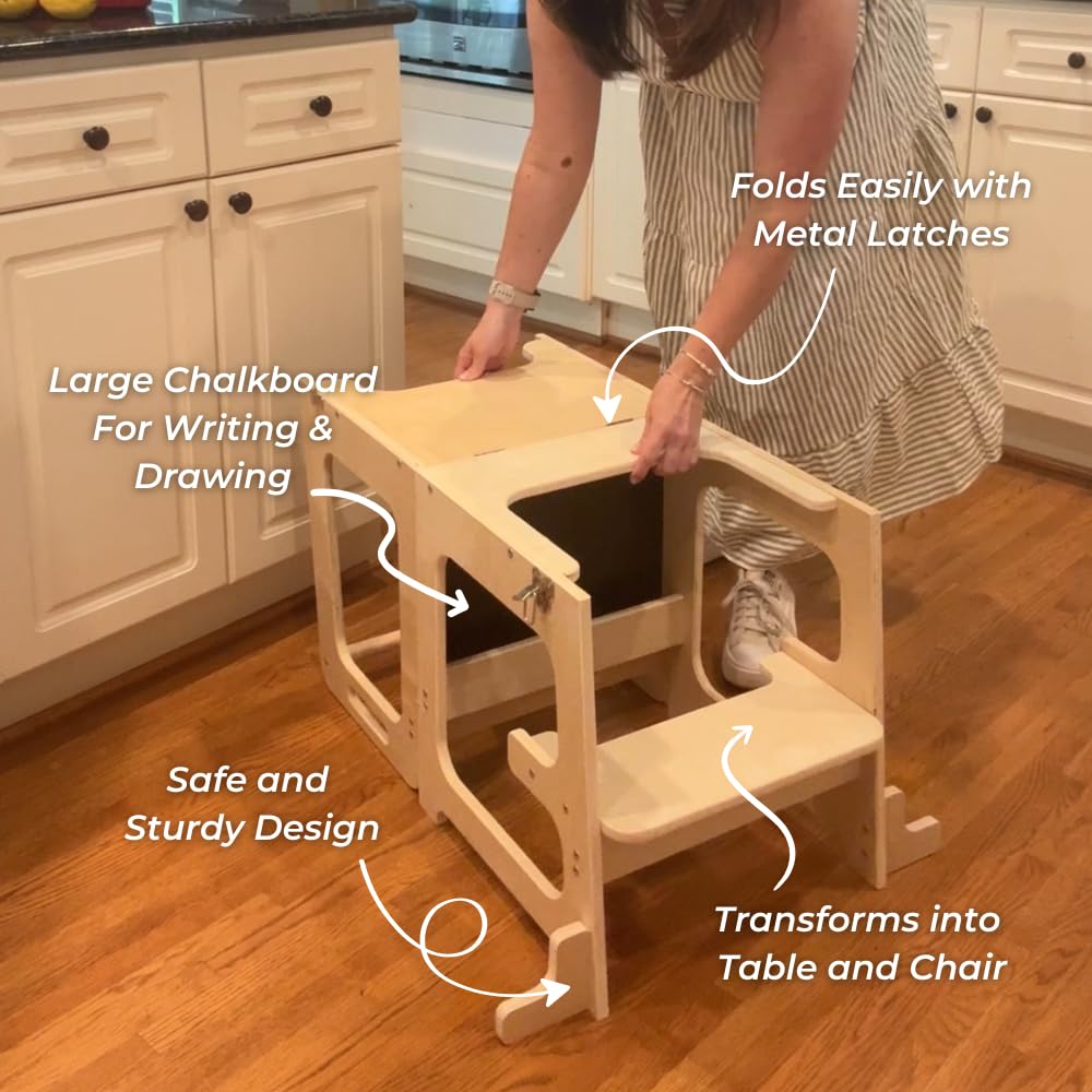 Montessori Mission 4-in-1 Foldable Learning Kitchen Tower, Stool with Chalkboard, Desk, Table & Chair, Montessori Kitchen Stool, Learning & Kitchen Tower for 1-6 Years Old Montessori Mission