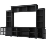 LUMISOL Entertainment Wall Unit with Bridge and Wine Cabinet, Multifunctional TV Stand with Storage Shelves for TVs Up to 70”, Entertainment Center with Tempered Glass Door for Living Room, Black LUMISOL
