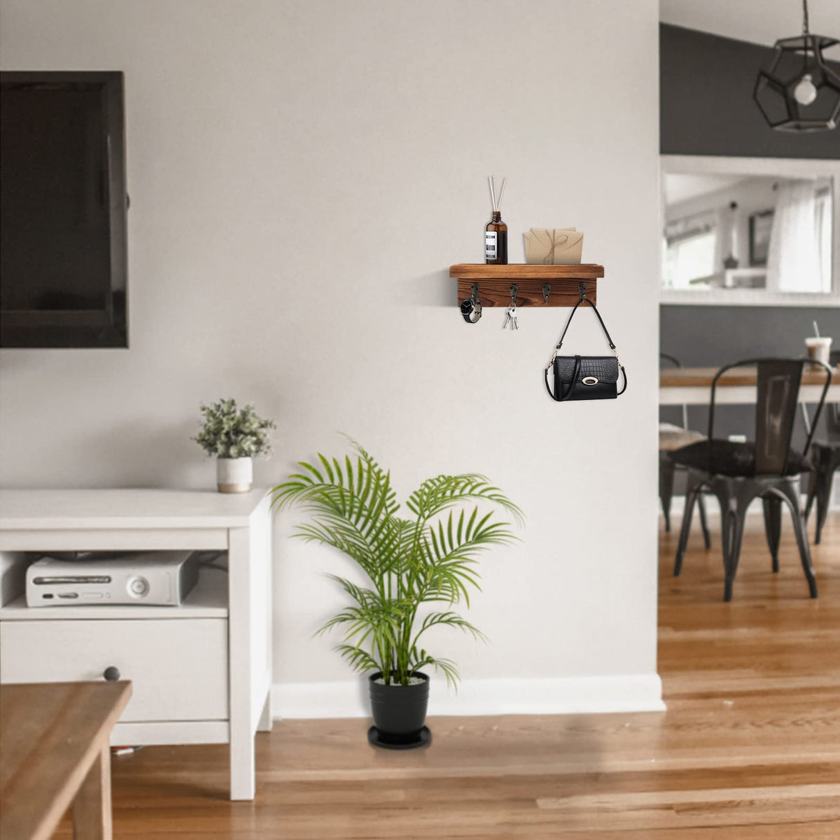 HRONRAD Rustic Key Holder for Wall, Farmhouse Wall Shelf with 4 Hooks, Wall Mounted Key Racks, Wooden Mail Organizer with Hooks for Entryway (Brown - Pine) HRONRAD