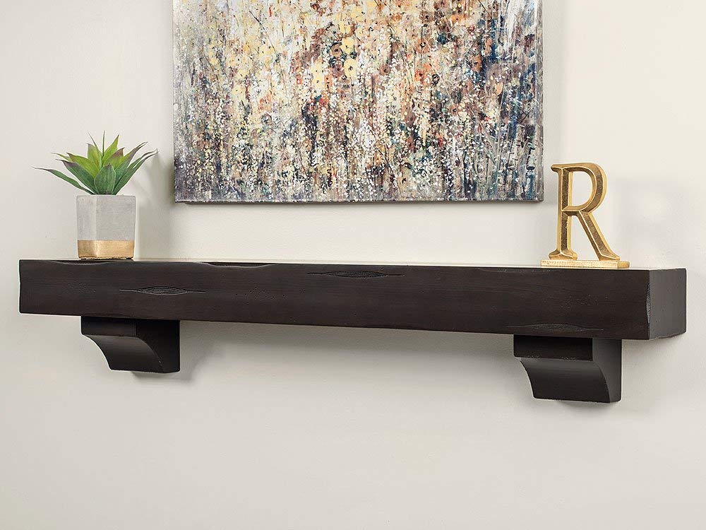 48 Inch Floating Fireplace Mantel Wood Shelf In Espresso Rustic - Breckenridge From Mantels Direct | With Corbel Bracket Arches | Wooden Rustic Wall Shelf Perfect for Electric Fireplaces and Décor