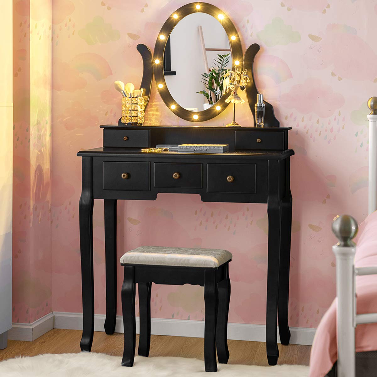 Giantex Vanity Table Set with 12 Lights Mirror, Bedroom Makeup Dressing Table with 360° Rotating Oval Mirror, 5 Drawers and Shelf, Modern Makeup Table with Cushioned Stool for Girls Women (Black) Giantex