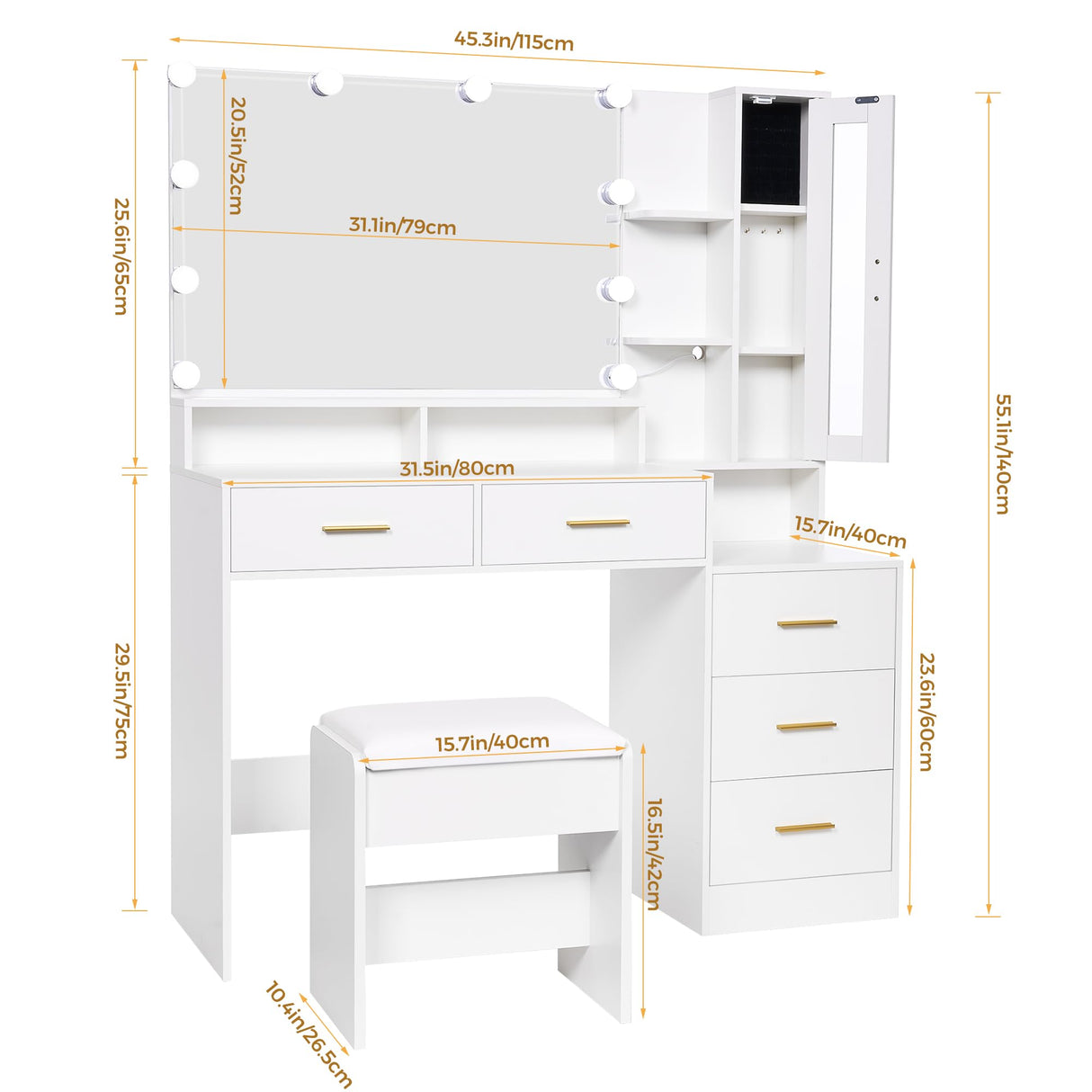 ANWBROAD Large Vanity Desk with Mirror and Lights 45.3" Makeup Vanity with Charging Station Nightstand 3 Lighting Modes Vanity Table Set with 5 Drawers Jewelry Cabinet Glass Door Bedroom White UBDT68W ANWBROAD