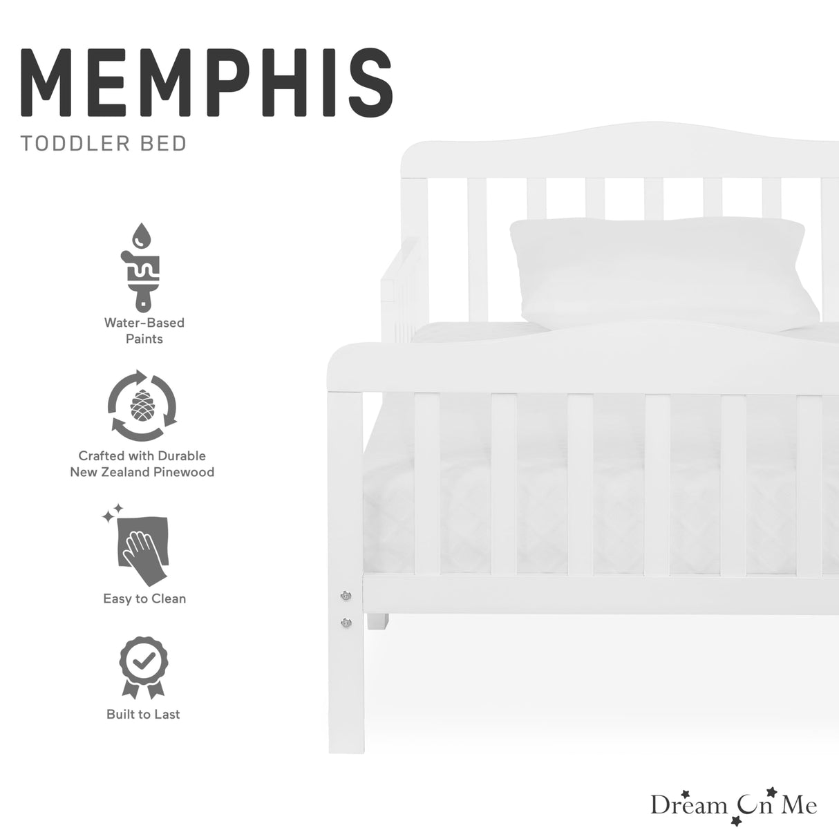 Dream On Me Classic Design Toddler Bed In White, Greenguard Gold And JPMA Certified, Low To Floor Design, Two Side Safety rails, Non-Toxic Finishes, Wooden Nursery Furniture Dream On Me