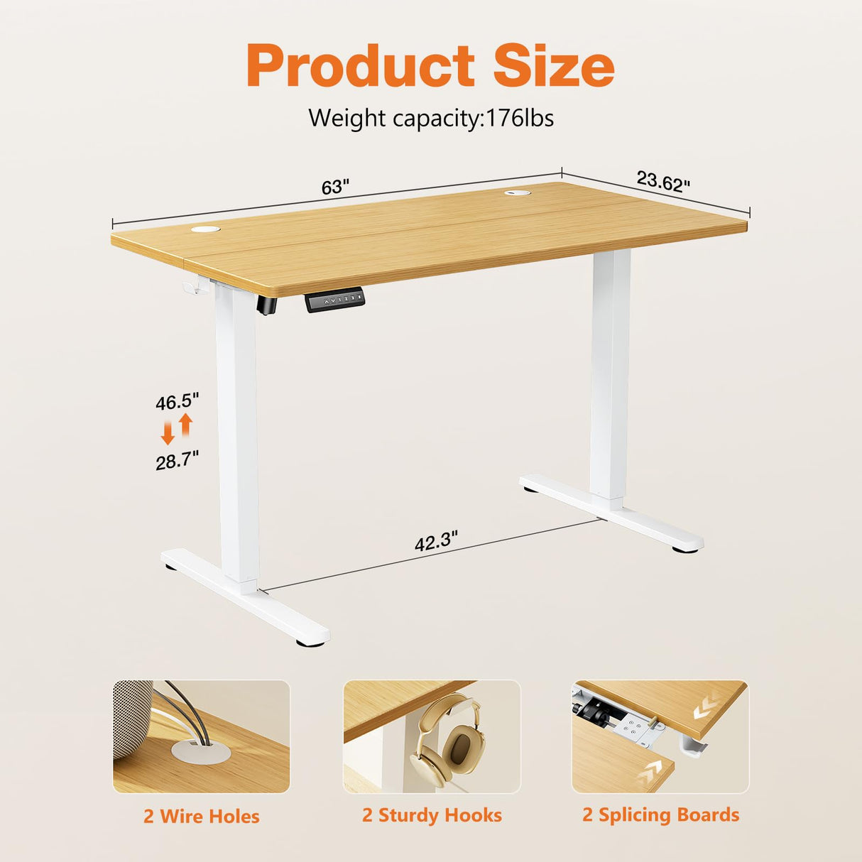 Sweetcrispy Electric Adjustable Height Standing Desk - 63 x 24 inch Sit to Stand Up Desk with Splice Board, Rising Home Office Computer Table with 2 Hook and Wire Hole for Work Sweetcrispy
