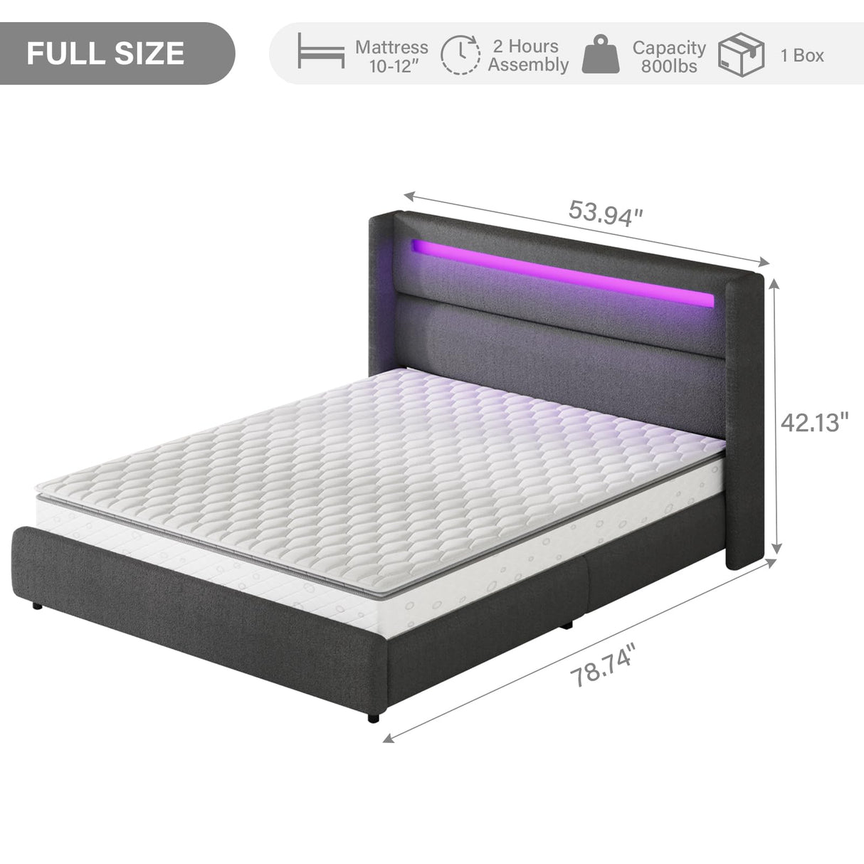 HOMBCK Full Size Bed Frame with Headboard and LED Lights, Boucle Upholstered Platform Bed with Wingback Design, Modern Soft Bed Frame, No Box Spring Needed, Easy Assembly, Grey HOMBCK