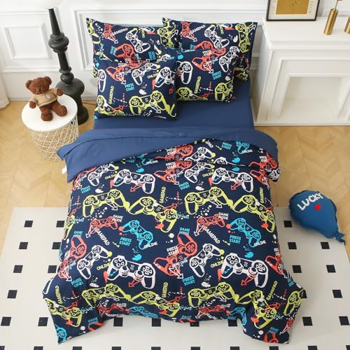 Aqzuxira Glow in The Dark Kids Comforter Set, 3 Pieces Gamepad Pattern Bedding Set Twin Size for Boys Girls Teen, 1 Comforter, 1 Pillowcase, 2 Pillow Shams Aqzuxira